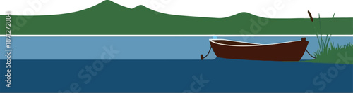 Stylized illustration of a small brown boat tethered at the edge of a calm blue lake with green hills in the background