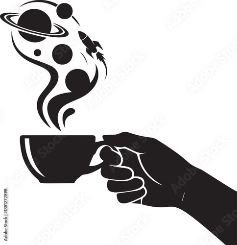 Coffee cup with solar system planets steam and rocket silhouette