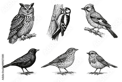 Illustrative vintage bird collection: owl, woodpecker, blue jay, blackbird, thrush, robin