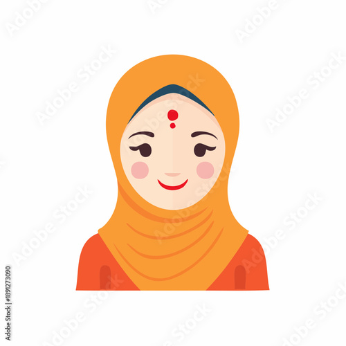 Smiling Muslim Woman in Orange Hijab with Red Bindi Flat Vector Portrait