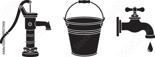 Black silhouette icons of a water pump, a bucket, and a dripping faucet against a white background