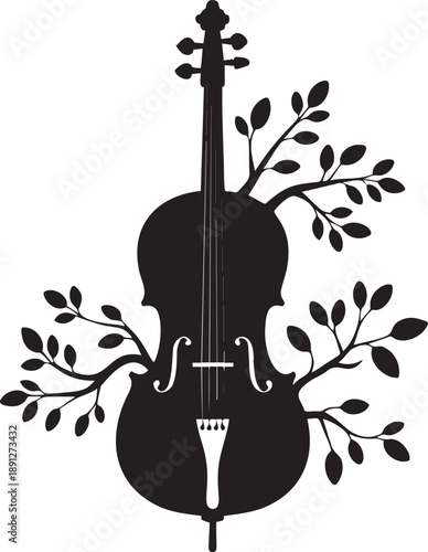 Violin cello musical instrument silhouette with tree branches growth