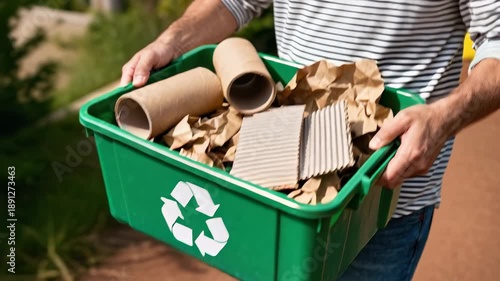 Person holding a green recycling bin filled with cardboard and paper for waste sorting.