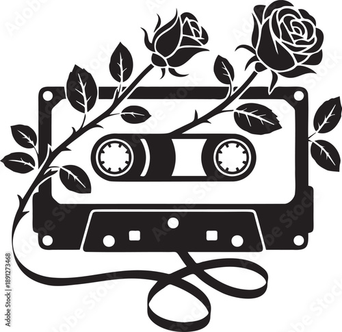 Black silhouette of old cassette tape entwined with rose flowers