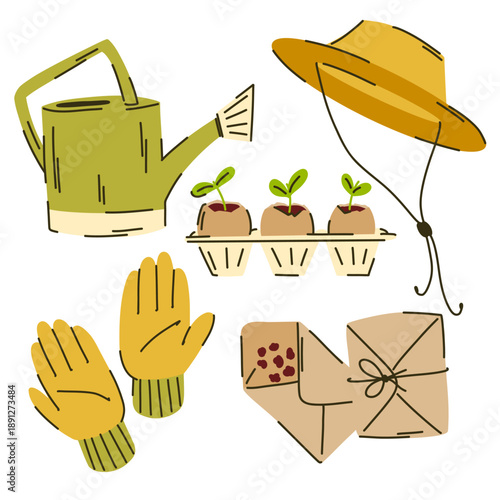 A beginner gardening kit, including a Panama hat, a watering can, seedlings in eggshells, garden gloves, and seeds for planting.