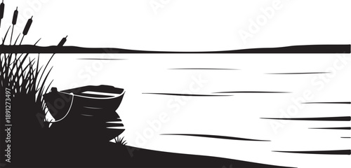 Dark blue silhouette of a small boat moored near the grassy shore of a tranquil lake under a light sky