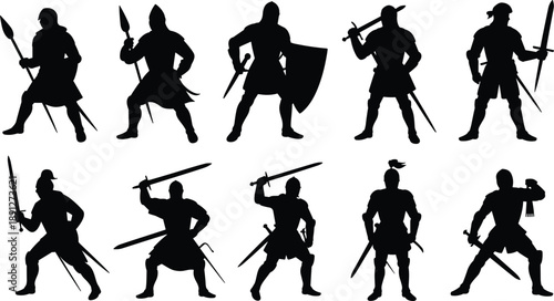 Medieval warrior silhouette set featuring knights and ancient soldiers with swords, shields and spears in combat poses, black historical battle figures isolated on white background