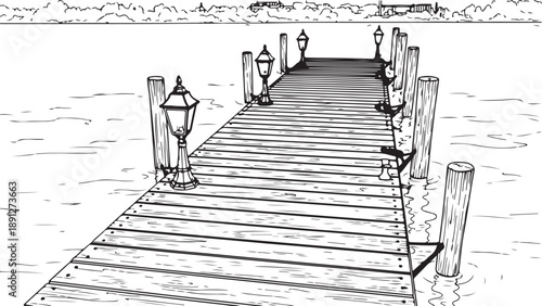 Perspective view of a wooden pier with vintage lampposts stretching into the water at sunset