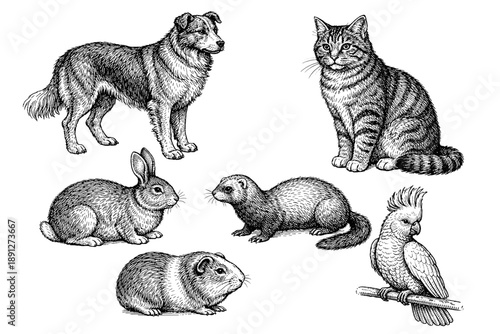 Detailed black and white animal illustrations featuring dog, cat, rabbit, ferret, guinea pig, cockatoo