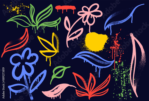 Set of spray painted graffiti flower sign in colored on black. Flower graffiti spray paint. Collection of rose, daisy, frangipani, hibiscus, jasmine, lotus Isolated Vector illustration flower symbol