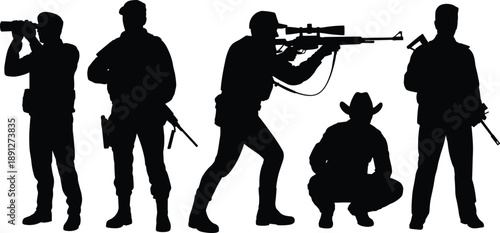 Military and armed security silhouette icon set showing soldiers aiming rifles and standing guard, tactical defense people isolated on white background for protection and design use