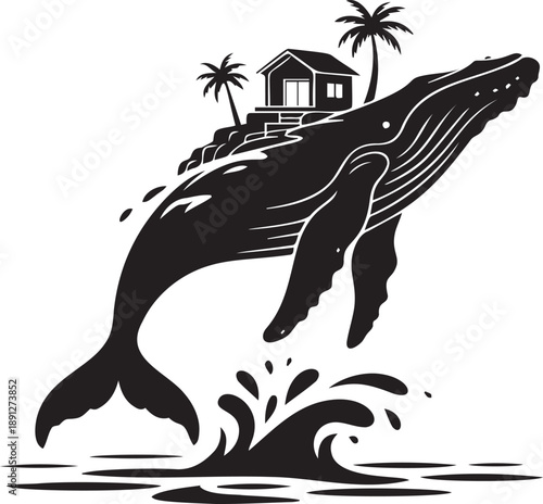 Jumping whale with house and palm trees on island silhouette