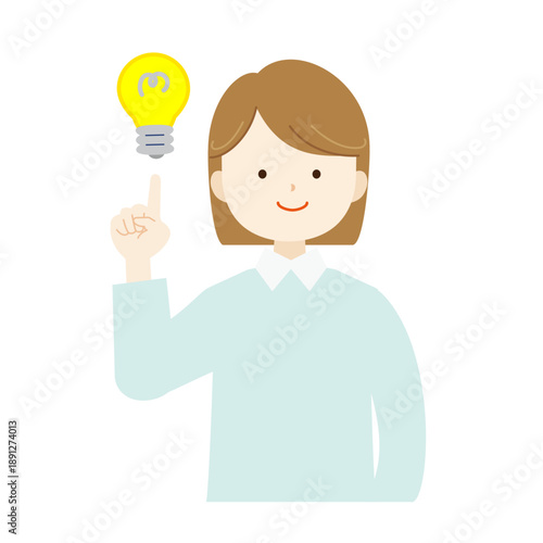 電球を指差す笑顔の女性の上半身イラスト　アイデア・提案・ひらめき