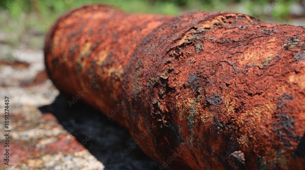 Fototapeta premium Close-up on the heavily rusted, textured surface of an old industrial pipe, showcasing intricate patterns of corrosion and decay