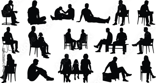 Black silhouettes of people sitting on chairs and benches silhouettes, people, sitting, chairs, benches, black, white background, sitting positions, various poses, adults, children, collection, depict