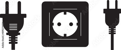 Black silhouette icons of an electrical plug, an outlet, and another plug against a white background