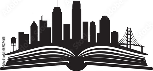 City skyline silhouette on open book education or literature concept