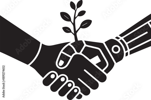 Human and robot hands shaking with plant sprout future growth symbol