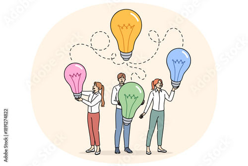 Business team successfully exchanges ideas at meeting, choosing best innovations to implement. Synergistic effect of innovation in corporate world to create new product at competitive price