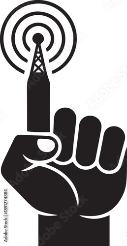 Raised fist holding communication tower broadcasting wireless signal silhouette