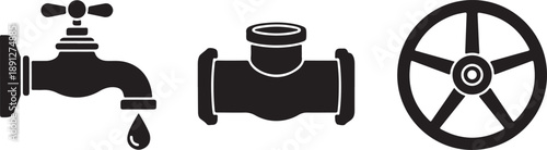 Black icons illustrating plumbing components: a dripping faucet, a pipe tee joint, and a valve with a handwheel.