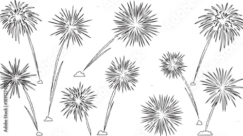 Outline drawing of fireworks exploding in the night sky, with faint clouds and a minimalist representation of the celebratory bursts.
