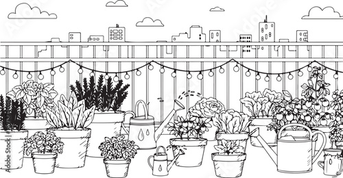 Detailed line drawing of a vibrant rooftop garden filled with various potted plants, watering cans, and string lights, with a cityscape in the background.