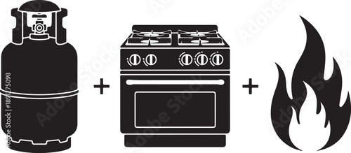 Simple icons illustrating gas cooking: a propane tank, a stove, and a flame.