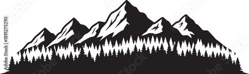 Black and white silhouette of majestic mountain peaks backed by a dense forest of fir trees, with a flock of birds flying overhead.