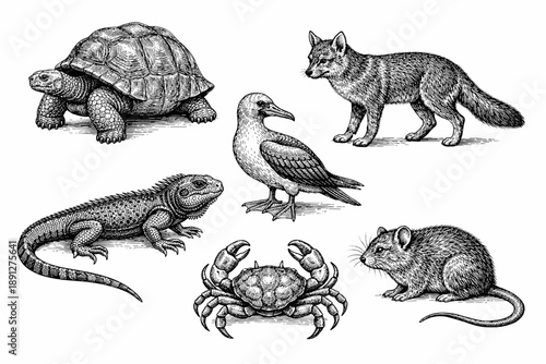 Detailed illustrations of various animals: tortoise, fox, bird, lizard, crab, mouse