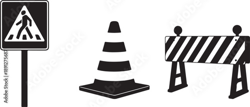 Icons for construction and traffic safety: a pedestrian crossing sign, a traffic cone, and a barricade.