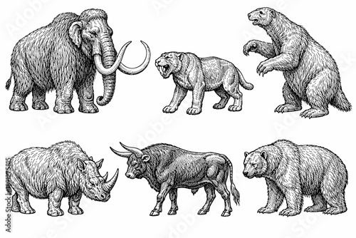 Prehistoric animals illustration featuring mammoth, saber-toothed tiger, and other extinct species