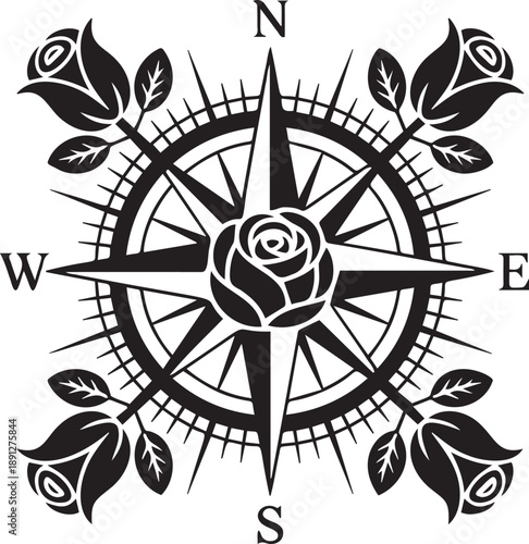 Vintage compass rose navigational symbol surrounded by flowers map design vector