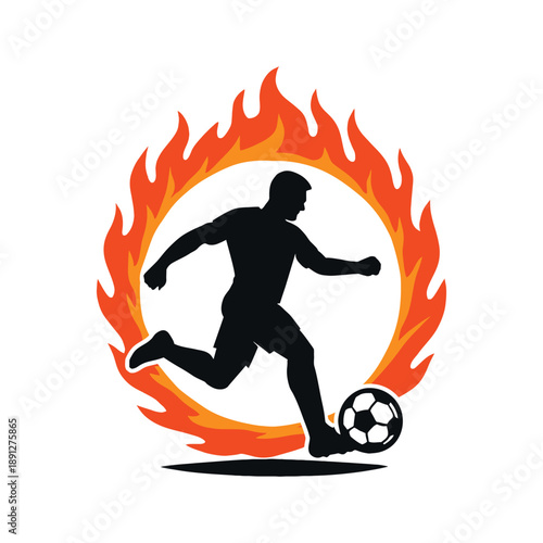  soccer football player with a ball and flames vector art silhouette on white background