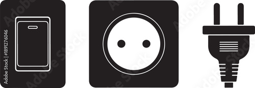 Set of black icons related to electrical power: a light switch, a European wall socket, and an electrical plug.