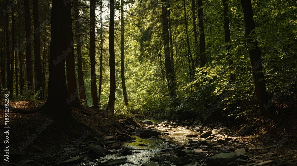 Obraz premium Sunlight Filtering Through Dense Forest Over a Peaceful Rocky Stream