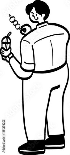 cartoon illustration of a man enjoying with street food.