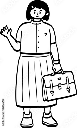 cartoon illustration of a student girl waving her hand.