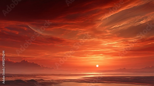 horizon of a dying planet as its sun expands into a red giant, sky burning in layers of orange and crimson, emotional apocalyptic beauty, hyper-realistic fine art, 