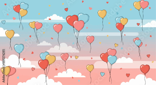 Colorful heart shaped balloons float amidst fluffy clouds in a pastel sky with confetti