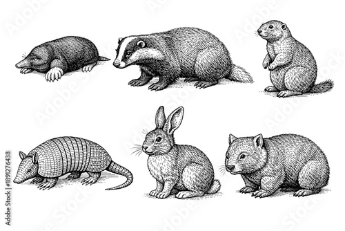 Vintage animal illustrations: mole, badger, prairie dog, armadillo, rabbit, wombat