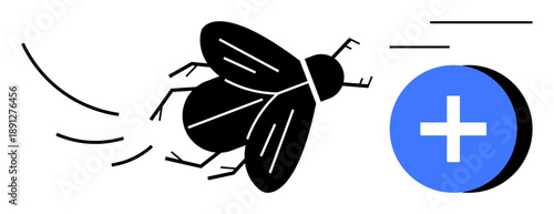 Medical ation. A flying insect appears near a blue medical cross icon. Medical with conceptual balance of health, pest control, and safety. Perfect for healthcare, medical education, pest control
