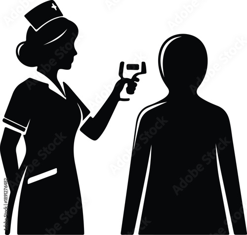 Silhouette nurse using infrared thermometer to check patient temperature healthcare vector illustration