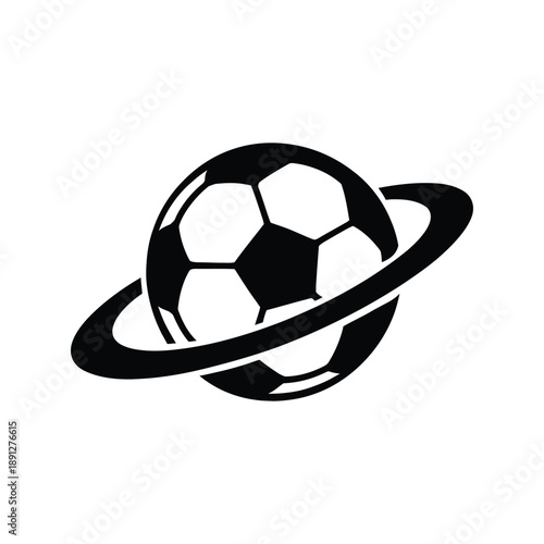 A soccer ball with a ring around planet football silhouette vector icon illustration on white background