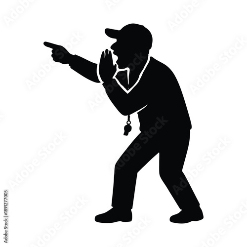 A sports coach or referee providing guidance or vocally directing during a match silhouette vector icon illustration on white background
