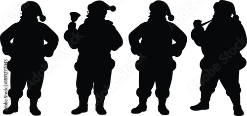 Santa Claus silhouette icon set featuring festive Christmas character poses with bell and horn, black holiday figures isolated on white background for seasonal design use