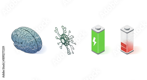 Mental health, emotional balance brain with neuron and battery icons representing energy and power on isolated for business or medical concepts