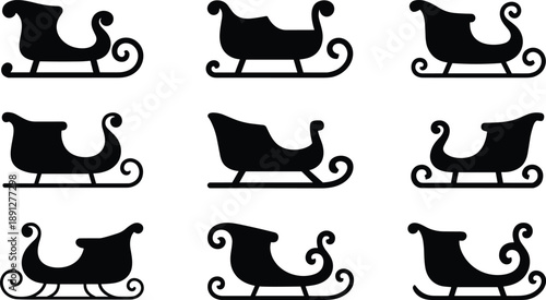 Santa sleigh silhouette collection featuring festive Christmas sled designs in different shapes, black holiday icons isolated on white background, winter vector illustration set