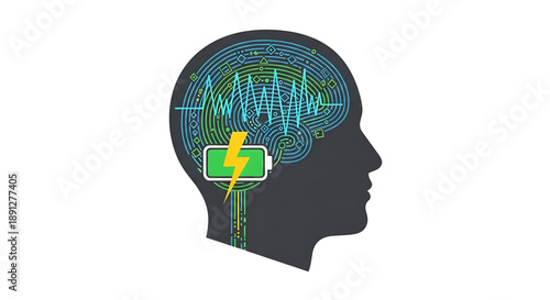 Mental health, emotional balance a black silhouette of a human head with a brain that has blue circuits and a green and yellow lightning bolt