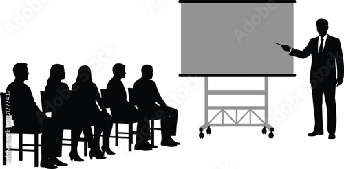 Business presentation silhouette showing corporate training session, professional speaker pointing screen, audience listening during office seminar meeting, conference education concept